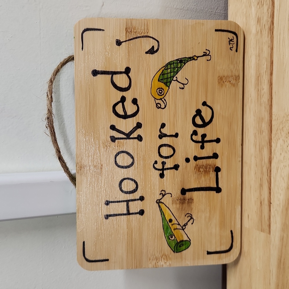 Fishing Sign HOOKED FOR LIFE  on Bamboo 6 x 9 inch Wall Decor Handcrafted